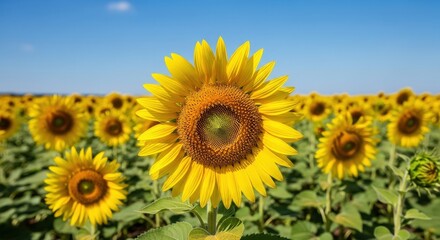 Fototapeta premium Vibrant Sunflowers in Bright Yellow Fields Under Clear Blue Sky
