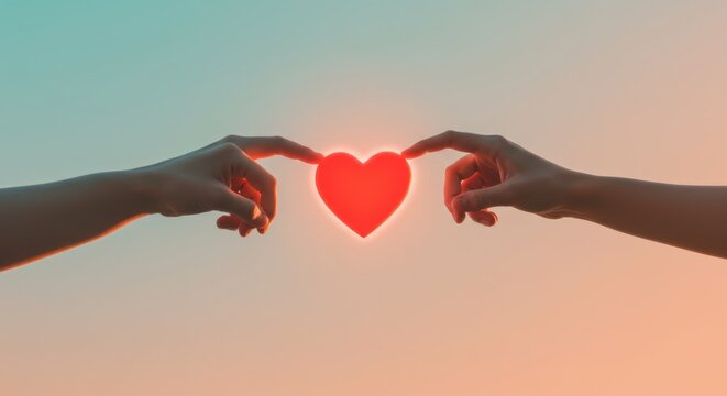 Two hands reaching for a red heart shape against a gradient blue and orange background. - Powered by Adobe