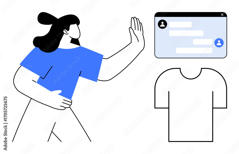 Poster woman extending her hand in rejection toward a chat window with dialogue boxes and an empty profile 
