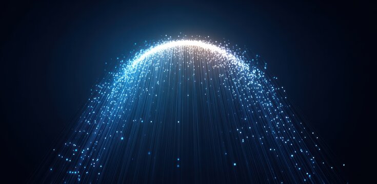 An arc of tiny blue and white lights appear like falling water against a dark blue background, creating an abstract, ethereal impression