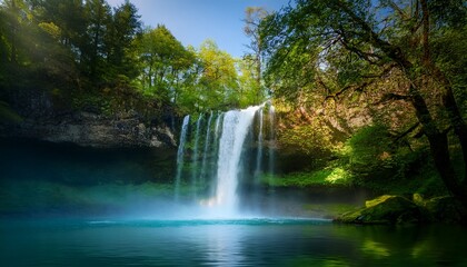 Fototapeta premium An Impressive Waterfall Plunges Dramatically Into A Tranquil Lake Symbolizing Nature S Raw Power And Beauty