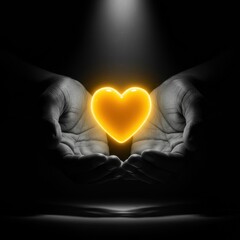Glowing heart in cupped hands symbolizes love, care, and support in a dark setting.