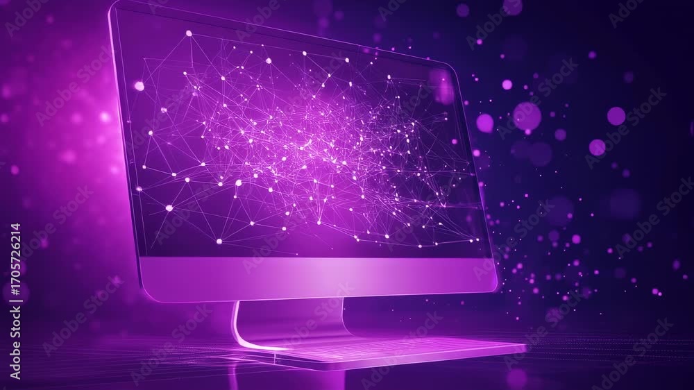 Poster abstract futuristic computer screen displaying connected network in a dark purple ambiance