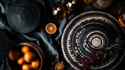 A table with a black cloth and a black hat with a white stripe