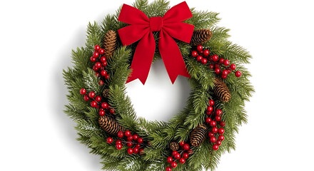 Festive Green Christmas Wreath with Red Bow and Pine Cones