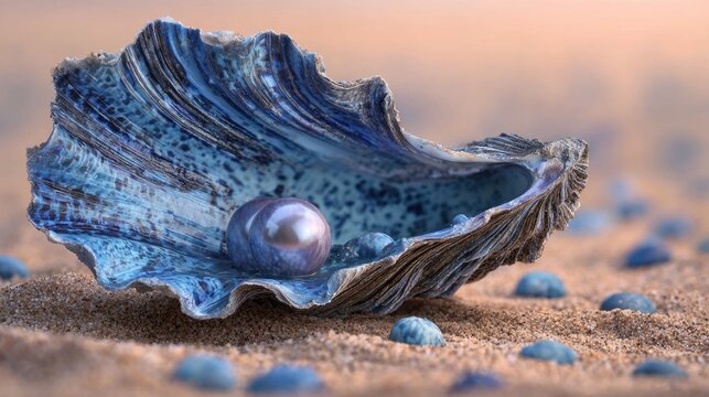 Close-up view of a glistening pearl nested inside a vibrant blue shell, set against a blurred beach backdrop scattered with small blue stones