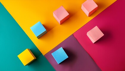 Abstract Minimal Background With Cubes And Triangles In Bright Colors