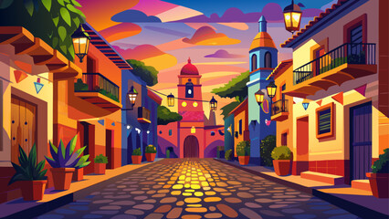 Fototapeta premium In San Miguel de Allende, Mexico, vibrant colonial architecture glows in soft evening light, cobbled streets echoing with music under colorful papel picado banners.