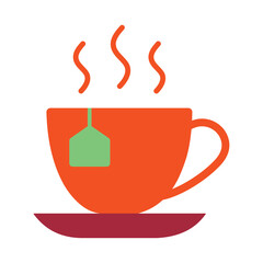 Colorful flat design teacup icon with a teabag on a saucer. A simple hot beverage symbol for cafe, breakfast, and relaxation concepts.