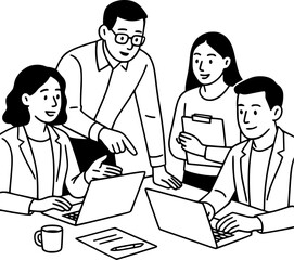 Fototapeta premium Black and white line art of office colleagues collaborating at a meeting table, simple style