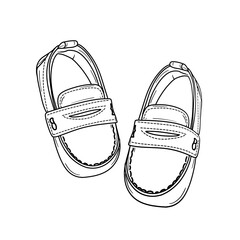 A pair of baby loafer shoes depicted in a detailed line art style, showcasing the design and features of the footwear.