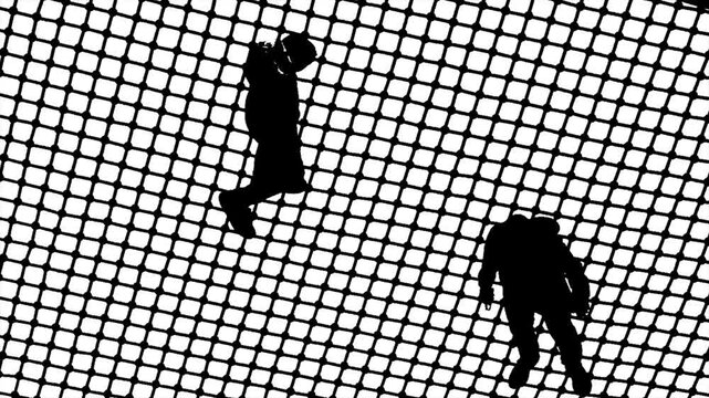 People walk on the safety net on the observation tower