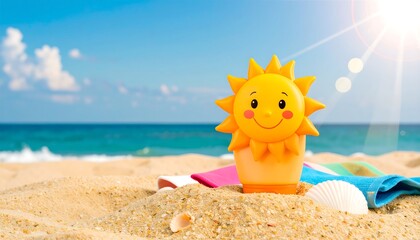 Obraz premium Sunny beach scene with a cheerful sun-shaped sunscreen