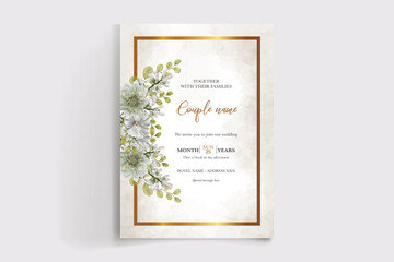 WEDDING INVITATION FRAME WITH FLOWER DECORATIONS AND FRESH LEAVES