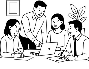 Minimalist black and white line art of office workers in a meeting, teamwork concept
