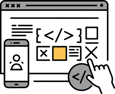Simple Line Style Website Coding Process On Screen with Mobile App