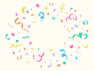 Confetti Explosion background. Falling Ribbons streamers dot star frame. Party carnival Festive Design element. Flat style. Birthday, anniversary, baby shower invitation Christmas template