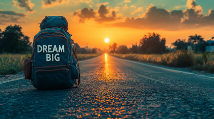 Backpack with inspiring message on road at sunset symbolizes adventure