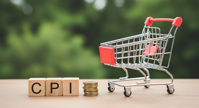 Consumer price index cpi concept represented by wooden blocks and a shopping cart, symbolizing inflation and economic indicators