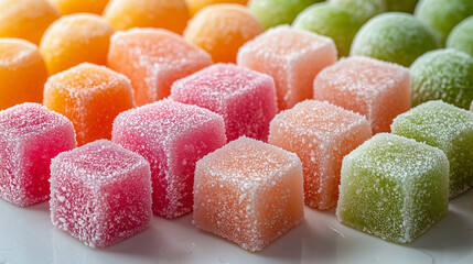 Colorful assortment of sugar-coated gummy candies on a white plate