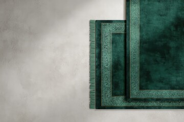 Top view of an elegant emerald green Islamic prayer rug with an ornate border, laid on a textured concrete floor with copy space.