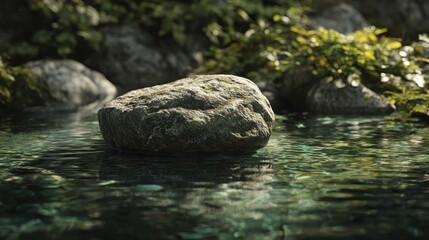 Tranquil Stone in a Crystal-Clear Forest Stream