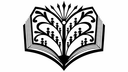 Stylized open book with tree branches and human figures in black and white illustration design element silhouette