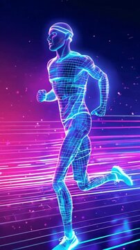 Digital human running athlete with digital wireframe neon light background..
