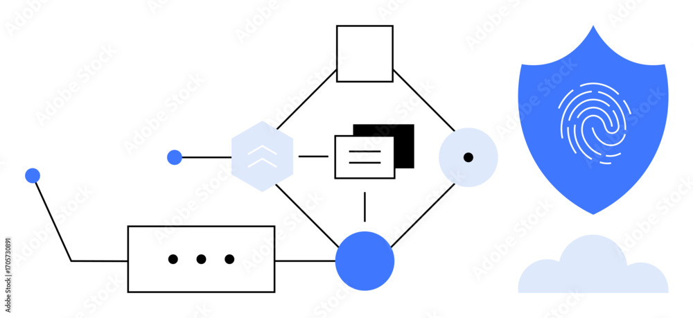 Aufkleber abstract network diagram with nodes, connections, shield with fingerprint, and cloud. ideal for data