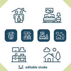 Home Icons. Family, Bedroom, Room, Kitchen, House, Real Estate Icon