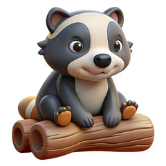 Naklejka premium Cute Honey Badger Mascot Sitting On Log png