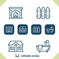 Home Icons. Fireplace, Fence, House, Bathtub, Real Estate Icon