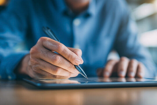 Digital signature on a tablet, modern business process efficiency concept