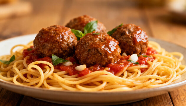 Classic Spaghetti and Meatballs with Fresh Basil in Tomato Sauce