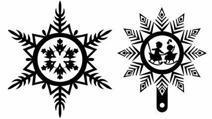 Fototapeta premium Two decorative snowflakes with intricate designs in black and white silhouette illustration style art