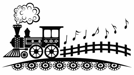 Black and white illustration of a steam train with smoke and musical notes near a fence design art silhouette
