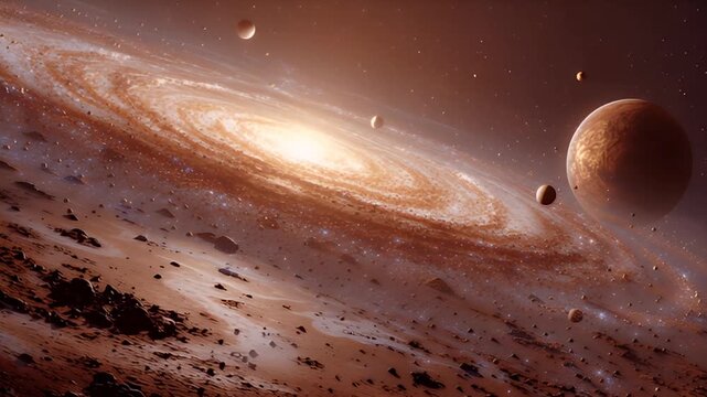 Star formation nebula galactic core cinematic space scene 4k AI generated video. Celestial bodies cosmic dust asteroid field red planet brown dwarf 4k AI generated video.