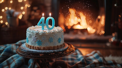 Celebrating a milestone birthday with a beautiful cake by the fireplace