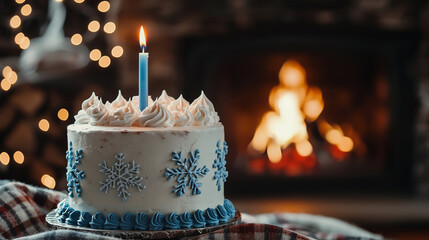 Winter birthday celebration with a lovely cake by the fire
