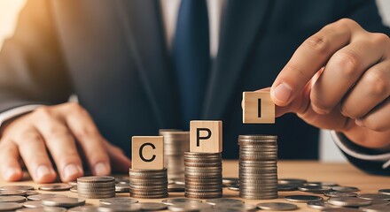 A businessman places the letter i on stacks of coins, spelling out cpi, symbolizing economic indicators and financial growth