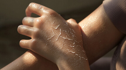 Dry skin condition on hands and arms in natural light during daytime