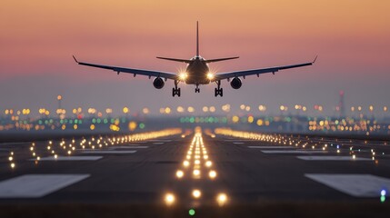Airplane landing at sunset on illuminated runway with colorful skies and city lights in distance