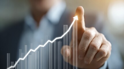 Businessman touching virtual graph with upward arrow showing growth success