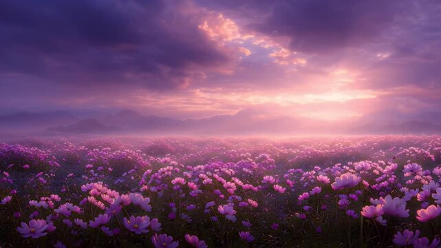 Sunrise landscape breathtaking nature scenery cinematic background 4k AI generated video. Serene sunset cosmos field magical pink purple flowers blooming meadow 4k AI generated video.