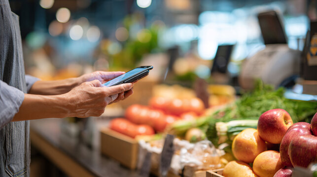 A modern customer making a contactless payment using their smartphone at a grocery store, showcasing a seamless transaction process with a focus on the phone and POS terminal.