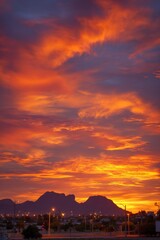 Fiery orange and purple sunset glows above silhouetted mountains, cityscape, and road with lights, creating a striking contrast of colors