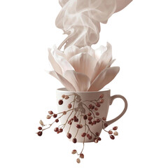 Coffee Bloom: Elegant White Flower Emerging from a Cup with Steam and Coffee Beans