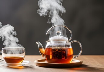 Steaming hot tea in a glass teapot and cup on a wooden table with a dark background, creating a cozy and inviting atmosphere