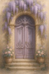 Wisteria is hanging over an ornate purple door with flower pots on each side of the stairs, creating a romantic and elegant atmosphere