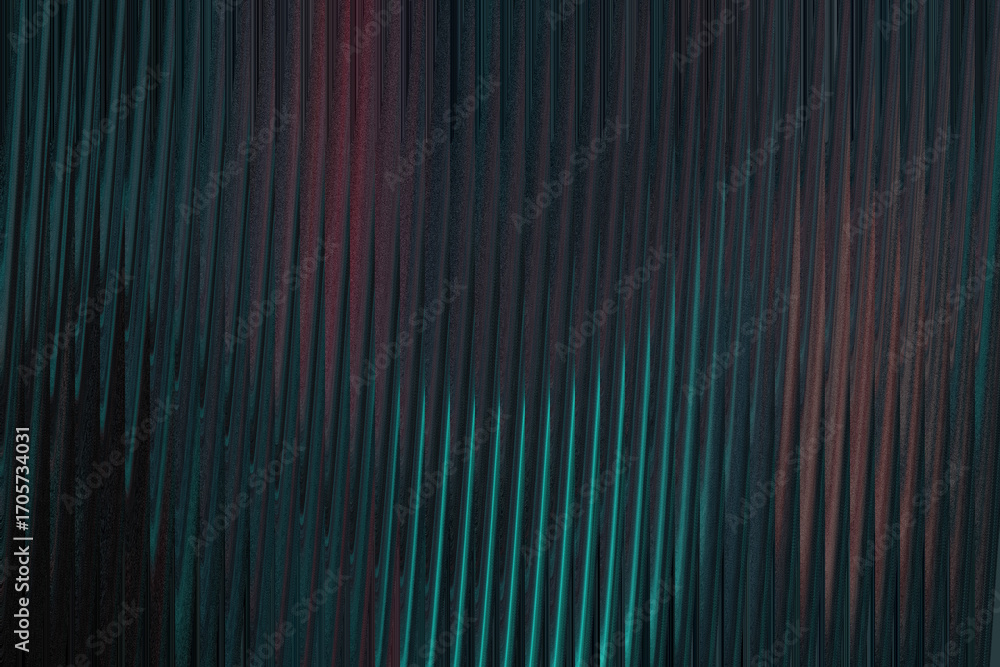 Poster abstract vertical lines with a textured surface, illuminated by teal and red lights, creating a futu